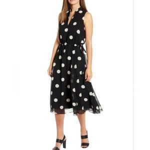 Anne Klein Sleeveless Drawstring Polka-Dot Midi Dress - S